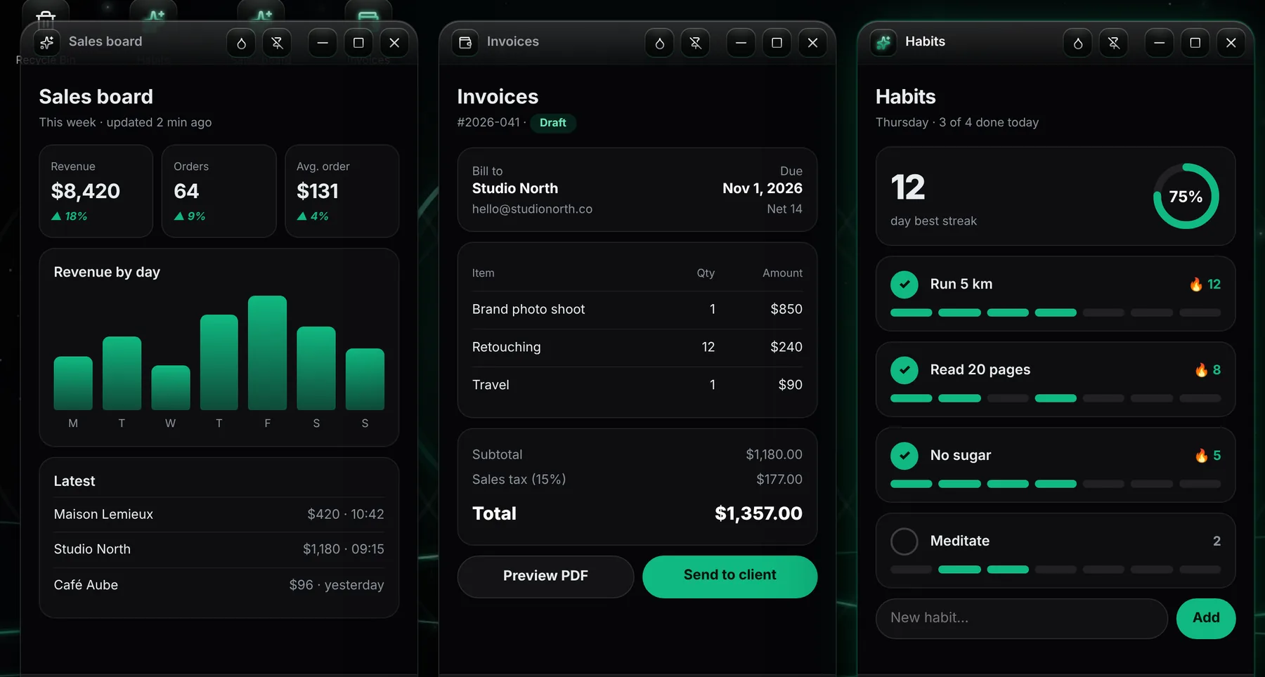 Three apps open side by side in LazySiren: Sales board, Invoices and Habits