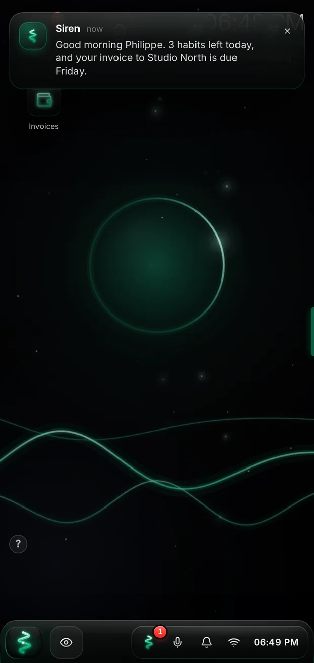 A message from Siren on the phone's home screen
